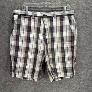 Weatherproof Shorts Men 34 Black Plaid Mid Rise Chino Pockets Cotton Regular
